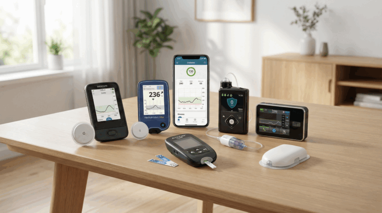 Vue d'ensemble des appareils pour le diabète en 2025, incluant des capteurs CGM comme le Dexcom G7 et le Freestyle Libre 2 Plus, des pompes à insuline comme la MiniMed 780G et l'Omnipod 5, ainsi qu'un glucomètre connecté Accu-Chek Guide et un smartphone affichant des données, disposés sur une table en bois.